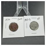 (2) Buffalo Nickels  See Photos for Dates