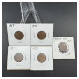 Five Canadian Small Cents  1950, 1951, 1952, 1953