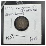 1909 Canadian Silver 5 Cent Coin