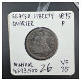 1875 Seated Liberty Silver Quarter