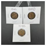 (3) 1945 Lincoln Wheat Cents  P, D & S