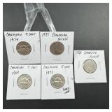 Five Canadian 5 Cent Coins  1968, 1969, 1973, 197