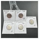 Five Canadian 5 Cent Coins