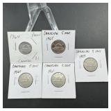 Five Canadian 5 Cent Coins  1959, 1960, 1961, 196
