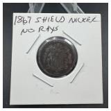 1867 SHIELD nickel w rays key date