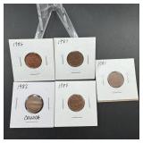 Five Canadian Small Cents  1981, 1982, 1983, 1986
