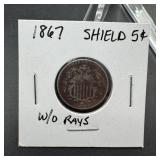 1867 Shield Nickel No Rays