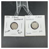 (2) Silver 3 Pence Foreign Coins