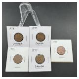 Five Canadian Small Cents  1971, 1972, 1973, 1974