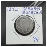 1892 Barber Silver Quarter