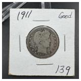 1911 Barber Silver Quarter