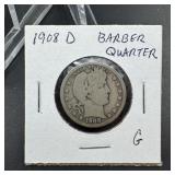 1908-D Barber Silver Quarter