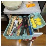 Drawer of Assorted Cooking Utensils & Wooden Spoon