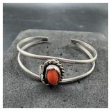 Vintage Native American Sterling Silver Coral Cuff