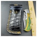 4-Inch Folding Damascus Knife with Leather Sheath