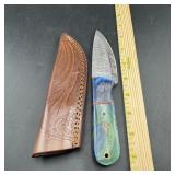 8-Inch Damascus Hunting Knife with Leather Sheath