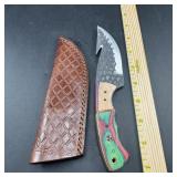 8-Inch Damascus Hunting Knife with Leather Sheath