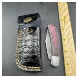 4-Inch Folding Damascus Knife with Leather Sheath