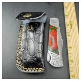 4-Inch Folding Damascus Knife with Leather Sheath