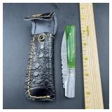 4-Inch Folding Damascus Knife with Leather Sheath