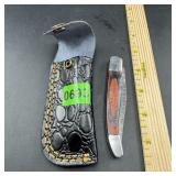 4-Inch Folding Damascus Knife with Leather Sheath