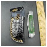 4-Inch Folding Damascus Knife with Leather Sheath