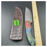 8-Inch Damascus Hunting Knife with Leather Sheath