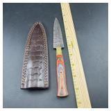 8-Inch Damascus Hunting Knife with Leather Sheath