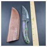 8-Inch Damascus Hunting Knife with Leather Sheath