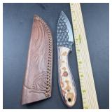 8-Inch Damascus Hunting Knife with Leather Sheath
