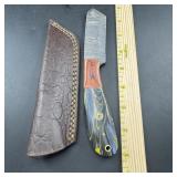 8-Inch Damascus Hunting Knife with Leather Sheath