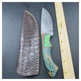 8-Inch Damascus Hunting Knife with Leather Sheath