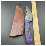 8-Inch Damascus Hunting Knife with Leather Sheath