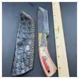 8-Inch Damascus Hunting Knife with Leather Sheath