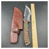 8-Inch Damascus Hunting Knife with Leather Sheath