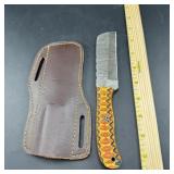 8-Inch Damascus Hunting Knife with Leather Sheath