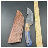 8-Inch Damascus Hunting Knife with Leather Sheath