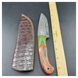 8-Inch Damascus Hunting Knife with Leather Sheath