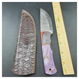 8-Inch Damascus Hunting Knife with Leather Sheath