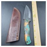 8-Inch Damascus Hunting Knife with Leather Sheath