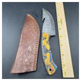 8-Inch Damascus Hunting Knife with Leather Sheath
