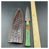 8-Inch Damascus Hunting Knife with Leather Sheath