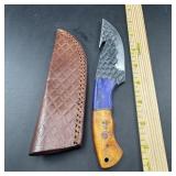 8-Inch Damascus Hunting Knife with Leather Sheath