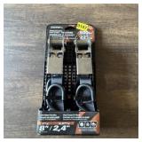 Two-pack of 500 lb., 8-foot ratchet tie-downs. See