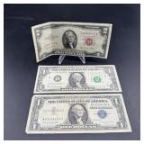 Two $1 Silver Certificates & One 1953 $2 Note