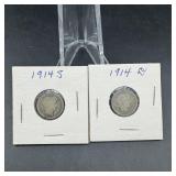 Two Barber Dimes  1914-d & 1914-s
