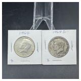 Two 1964 Kennedy Silver Half Dollars