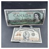 1954 Canadian $1 Note & 25-cent Currency
