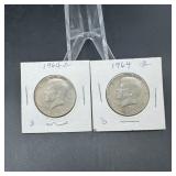 Two 1964 Kennedy Silver Half Dollars