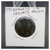 1791 Germany Aachen 1/2 Heller Coin